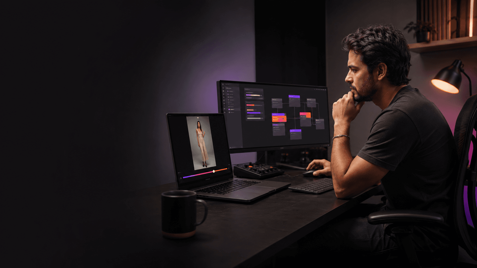 Criador de e-commerce analisando um vídeo vertical e sua estrutura de prompt em um estúdio profissional