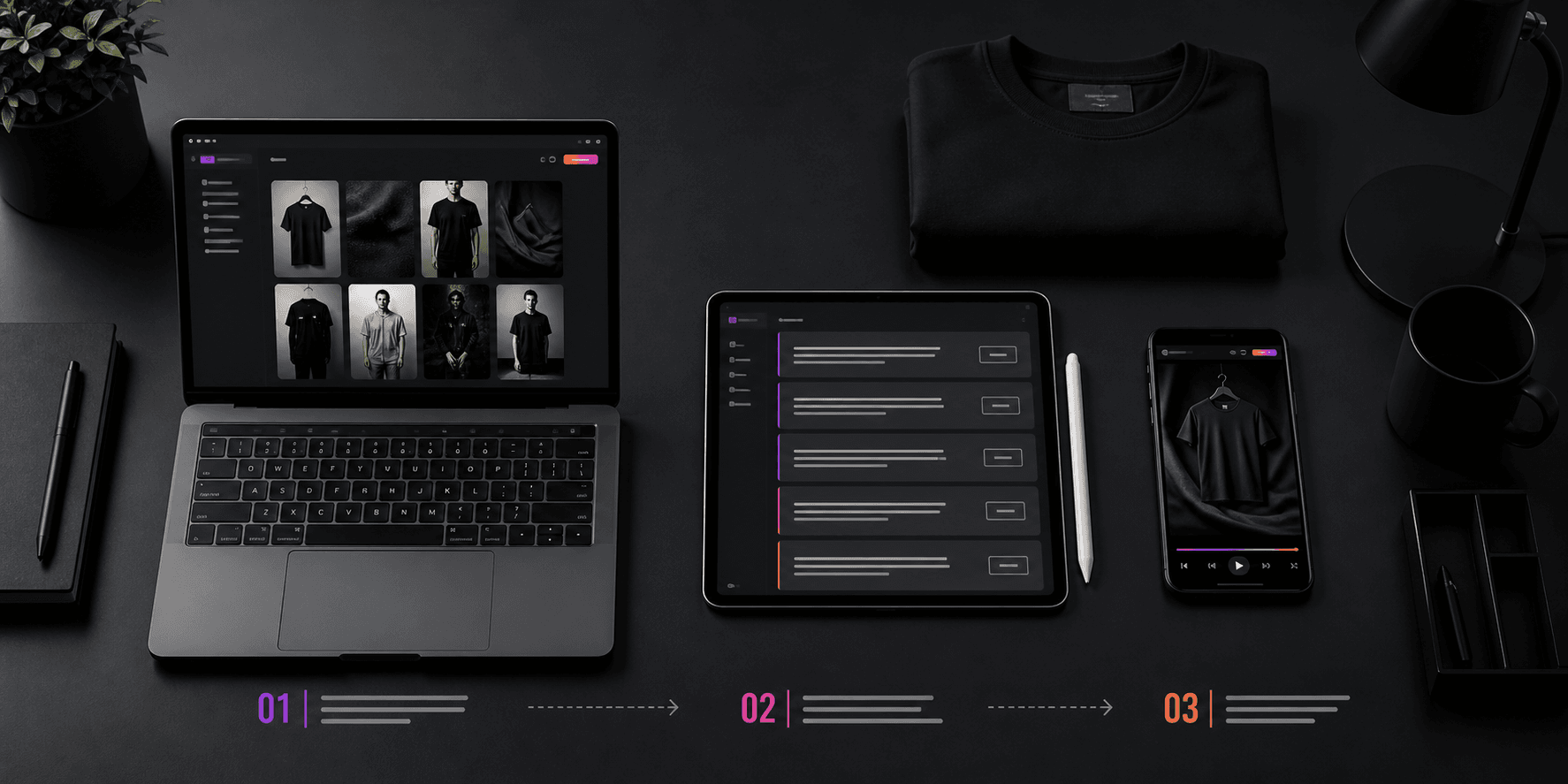 Fluxo profissional com notebook para escolher vídeos, tablet para copiar o prompt e celular para visualizar o resultado